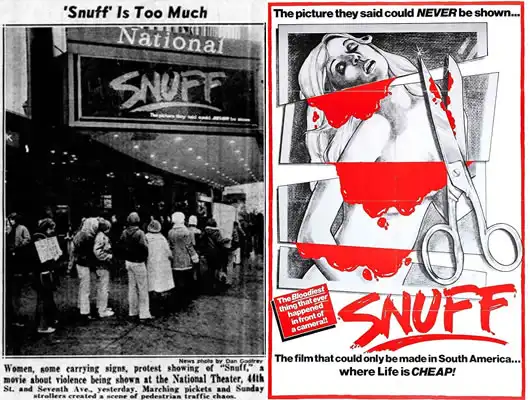 Snuff (1976) Mujeres protestando frente al National Theatre (pagadas por Allan Shackleton) para prohibir el filme... y dando a entender que el asesinato que muestra el filme es real; al lado, poster de la película.
